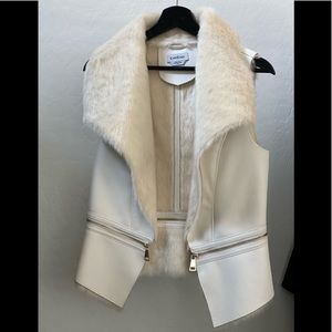 Bebe White Leather and Faux Fur Convertible Vest